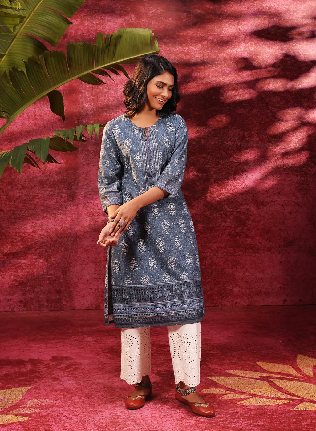 Afreen Gravel Blue Embroidered Cotton Designer Co-ord Set