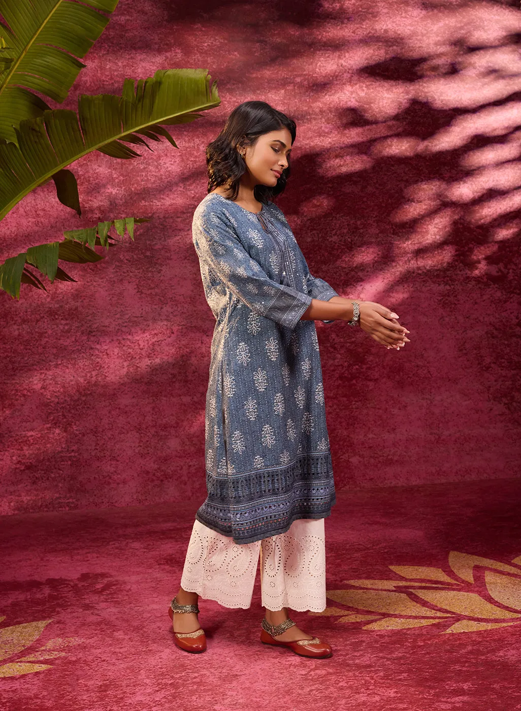 Afreen Gravel Blue Embroidered Cotton Designer Co-ord Set