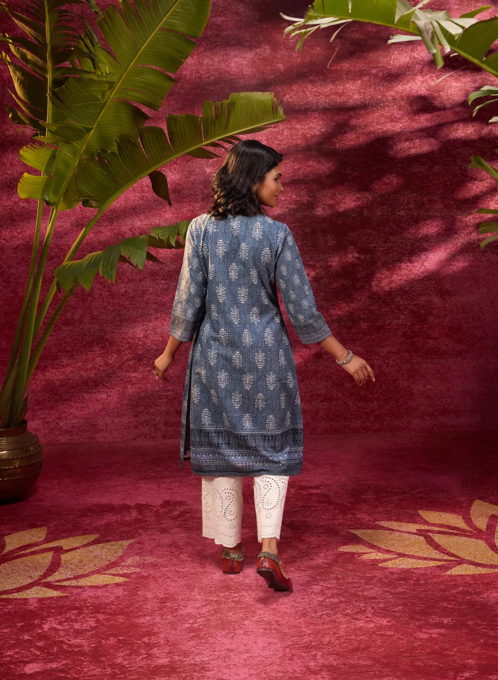 Afreen Gravel Blue Embroidered Cotton Designer Co-ord Set