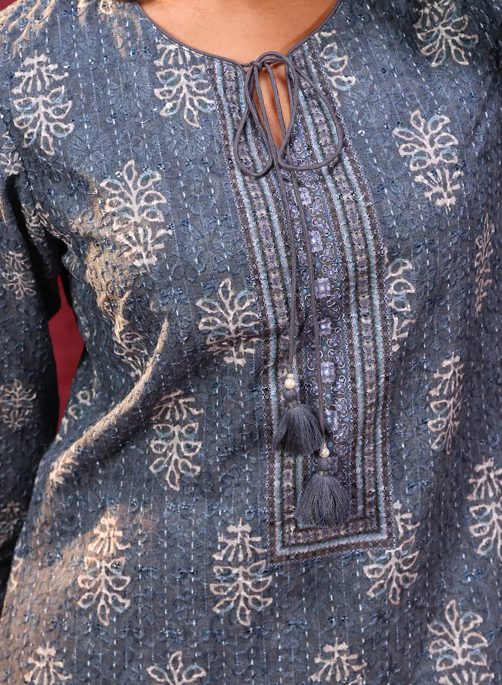 Afreen Gravel Blue Embroidered Cotton Designer Co-ord Set