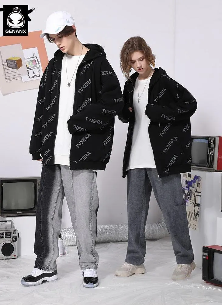 Casual Black Full Print Hooded Jacket