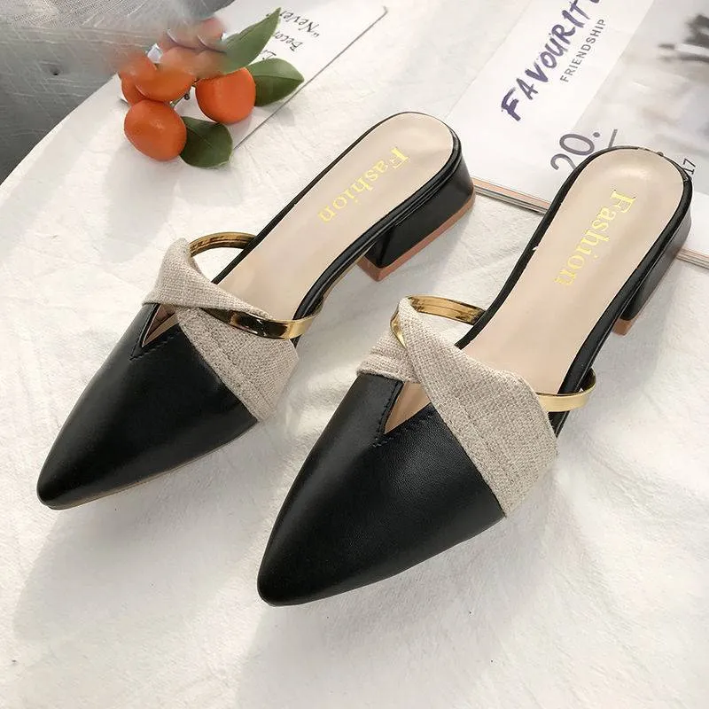 Classic PU Leather Pointed Toe Golden Ring Decoration Women Mules Shoes