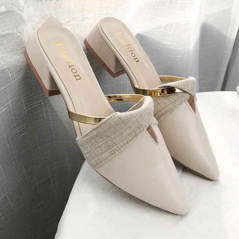 Classic PU Leather Pointed Toe Golden Ring Decoration Women Mules Shoes