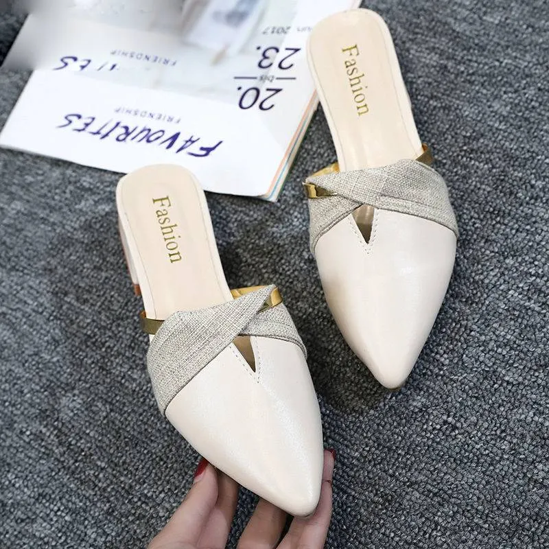 Classic PU Leather Pointed Toe Golden Ring Decoration Women Mules Shoes