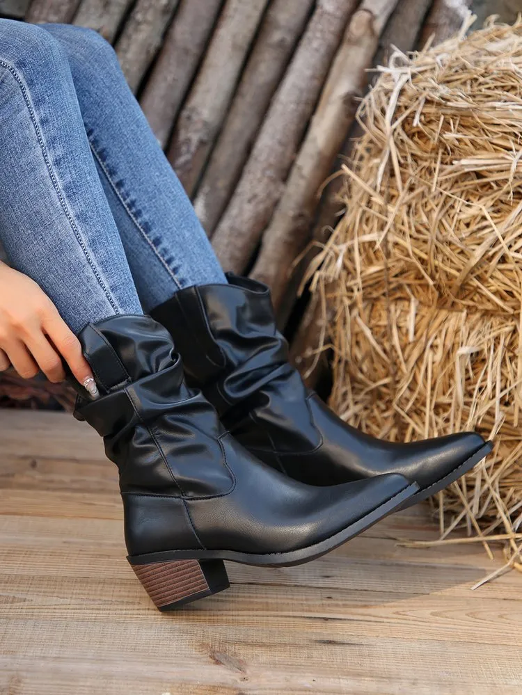 elveswallet Black thick heel pleated mid-calf boots