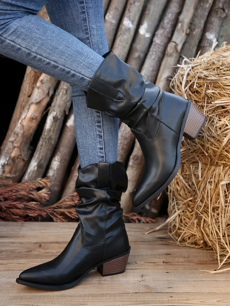 elveswallet Black thick heel pleated mid-calf boots