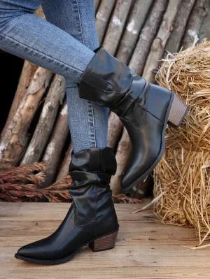 elveswallet Black thick heel pleated mid-calf boots