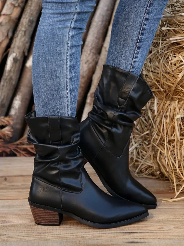 elveswallet Black thick heel pleated mid-calf boots