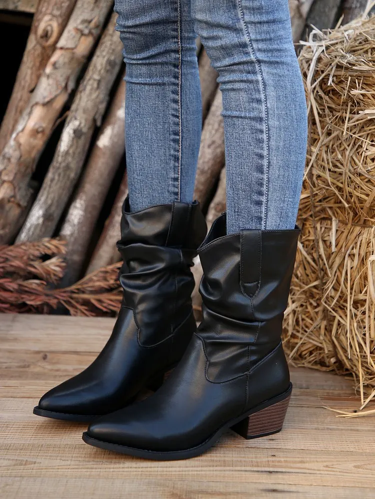 elveswallet Black thick heel pleated mid-calf boots