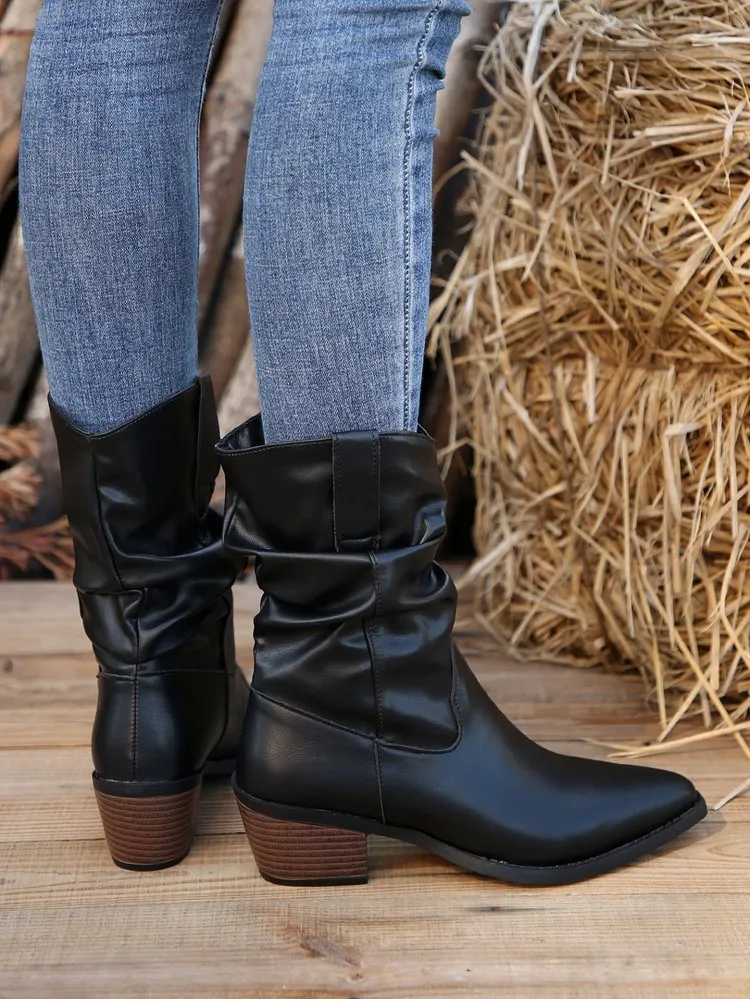 elveswallet Black thick heel pleated mid-calf boots