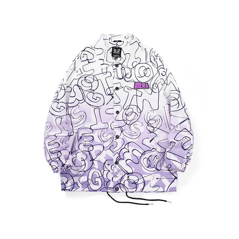 Gradient color full lettering graffiti label jacket with closed sleeves drawstring hem