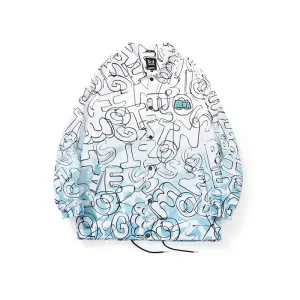 Gradient color full lettering graffiti label jacket with closed sleeves drawstring hem