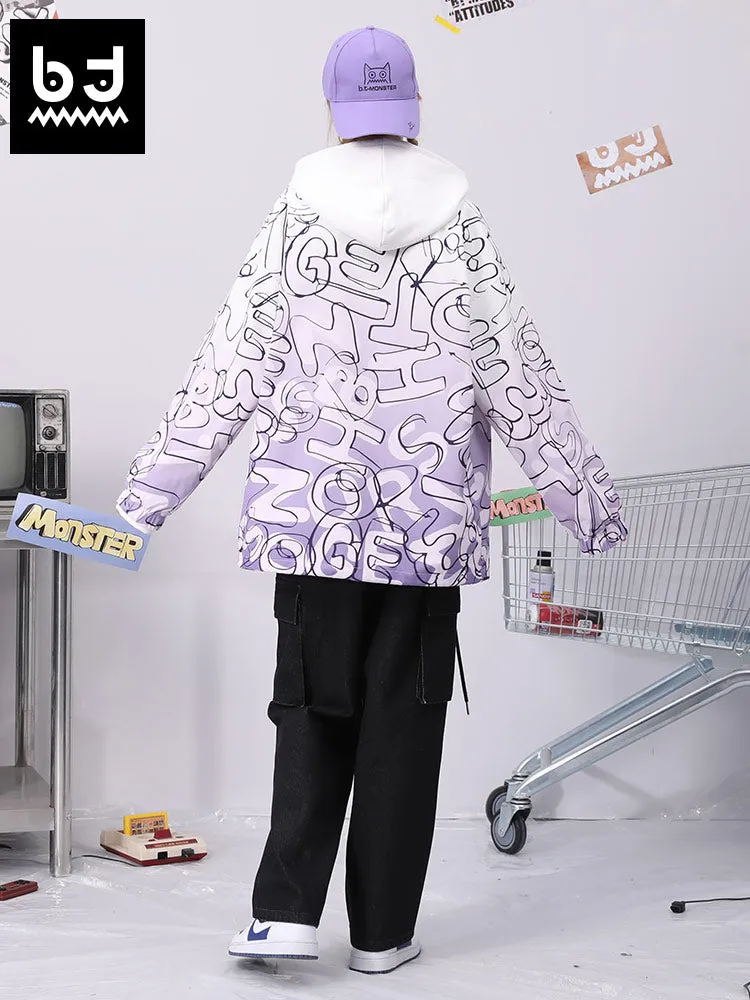 Gradient color full lettering graffiti label jacket with closed sleeves drawstring hem