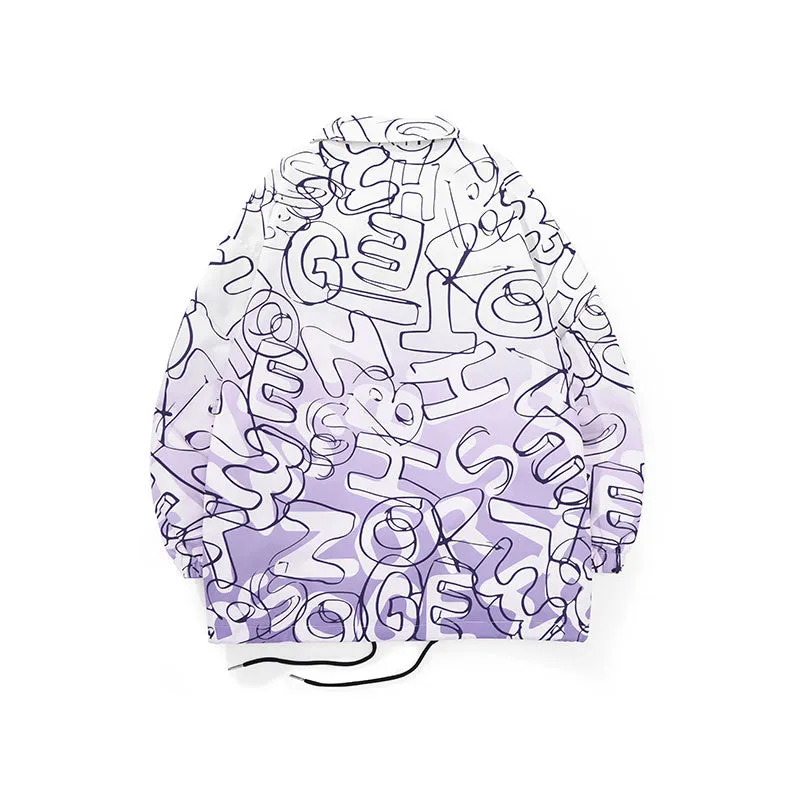 Gradient color full lettering graffiti label jacket with closed sleeves drawstring hem