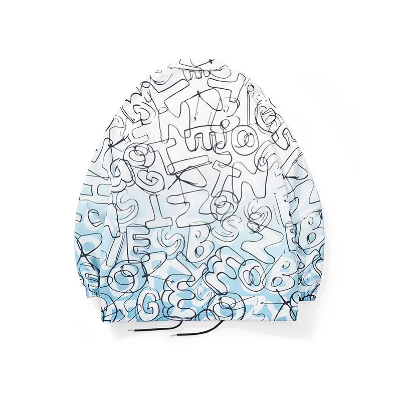 Gradient color full lettering graffiti label jacket with closed sleeves drawstring hem