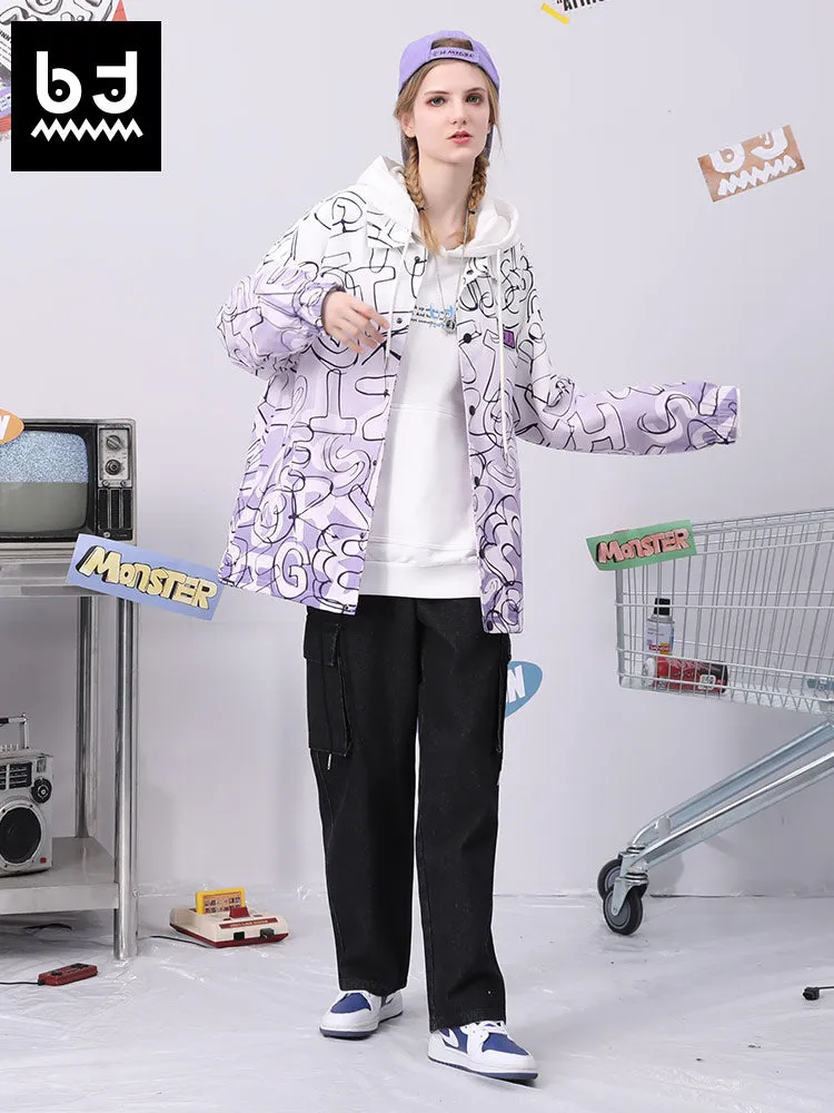 Gradient color full lettering graffiti label jacket with closed sleeves drawstring hem