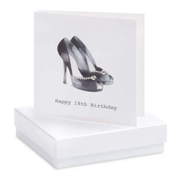 Happy 18th Black Shoe Silver Cubic Earrings On Designer Card by Crumble and Core
