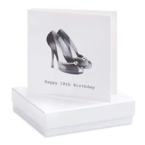 Happy 18th Black Shoe Silver Cubic Earrings On Designer Card by Crumble and Core