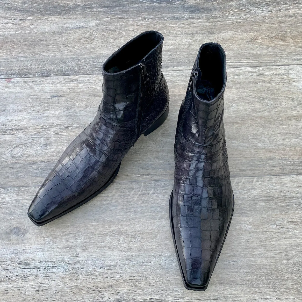 Jo Ghost 2727 BIS Men's Shoes Dark Gray Crocodile Print Leather Ankle Boots (JG5310)