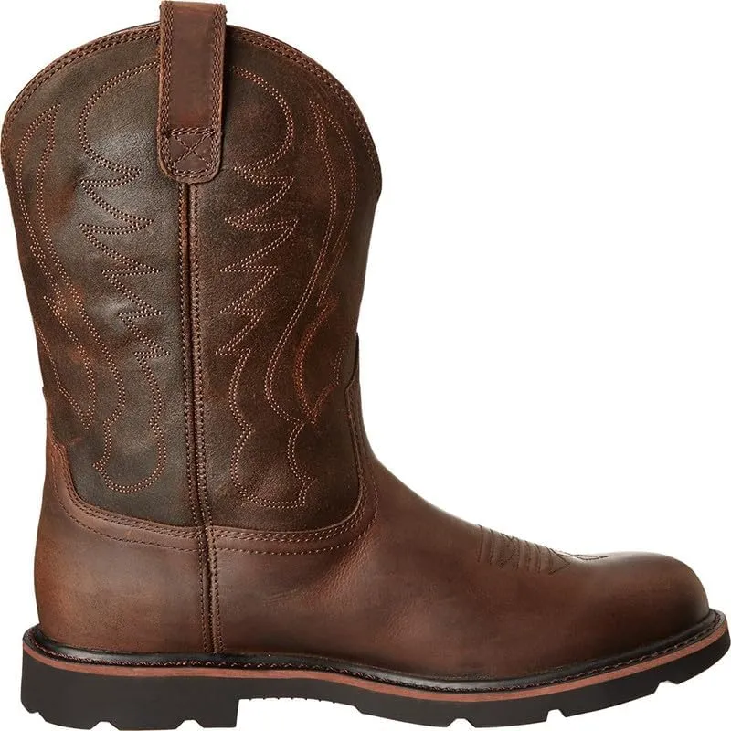 Mens Western Boots Mid Calf Boots Casual Chunky Heel Wide Country Boot Brown Cowboy Boots Embroidered Round Toe Dress Boots