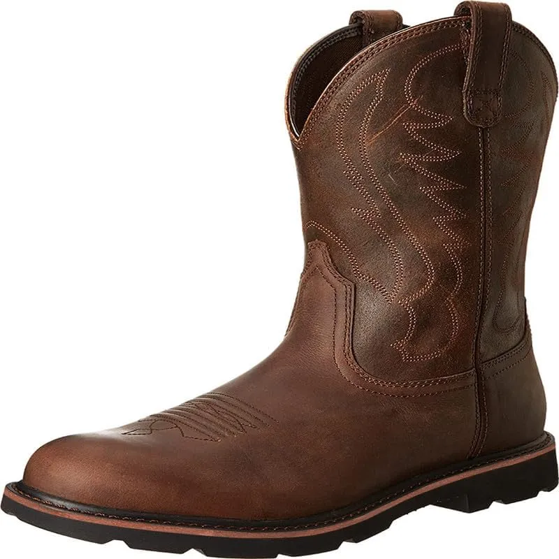 Mens Western Boots Mid Calf Boots Casual Chunky Heel Wide Country Boot Brown Cowboy Boots Embroidered Round Toe Dress Boots