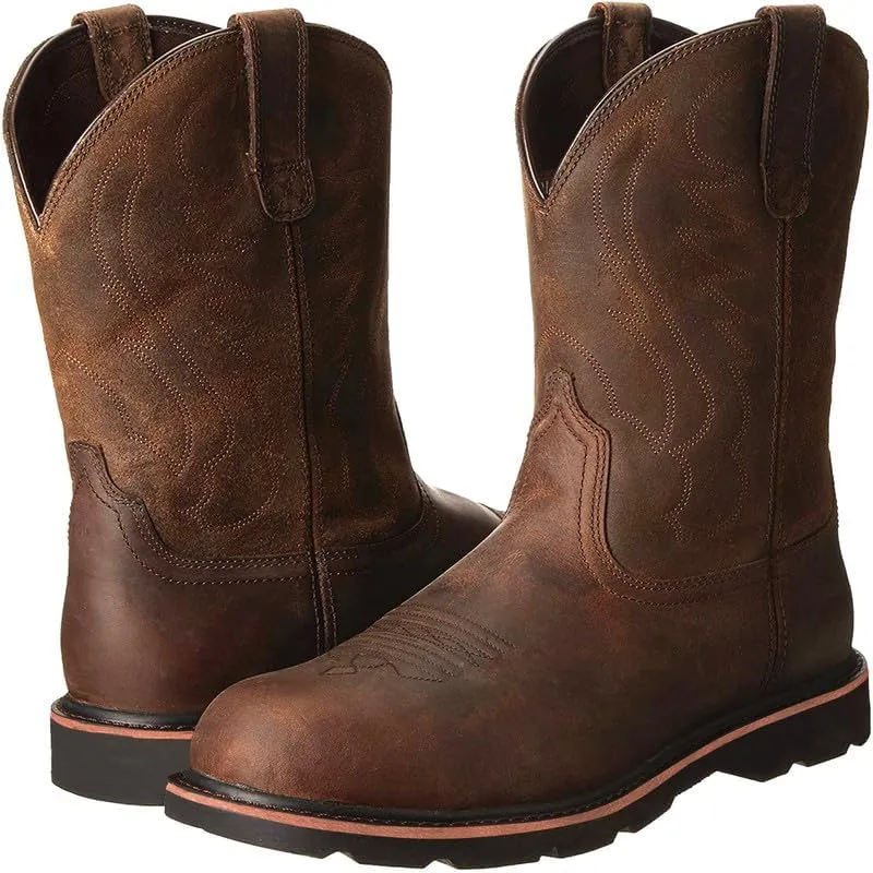 Mens Western Boots Mid Calf Boots Casual Chunky Heel Wide Country Boot Brown Cowboy Boots Embroidered Round Toe Dress Boots