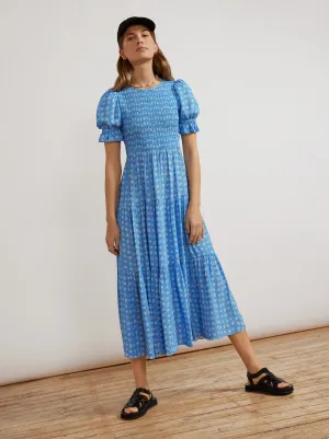 Persephone Shirred Blue Ditsy Floral Dress