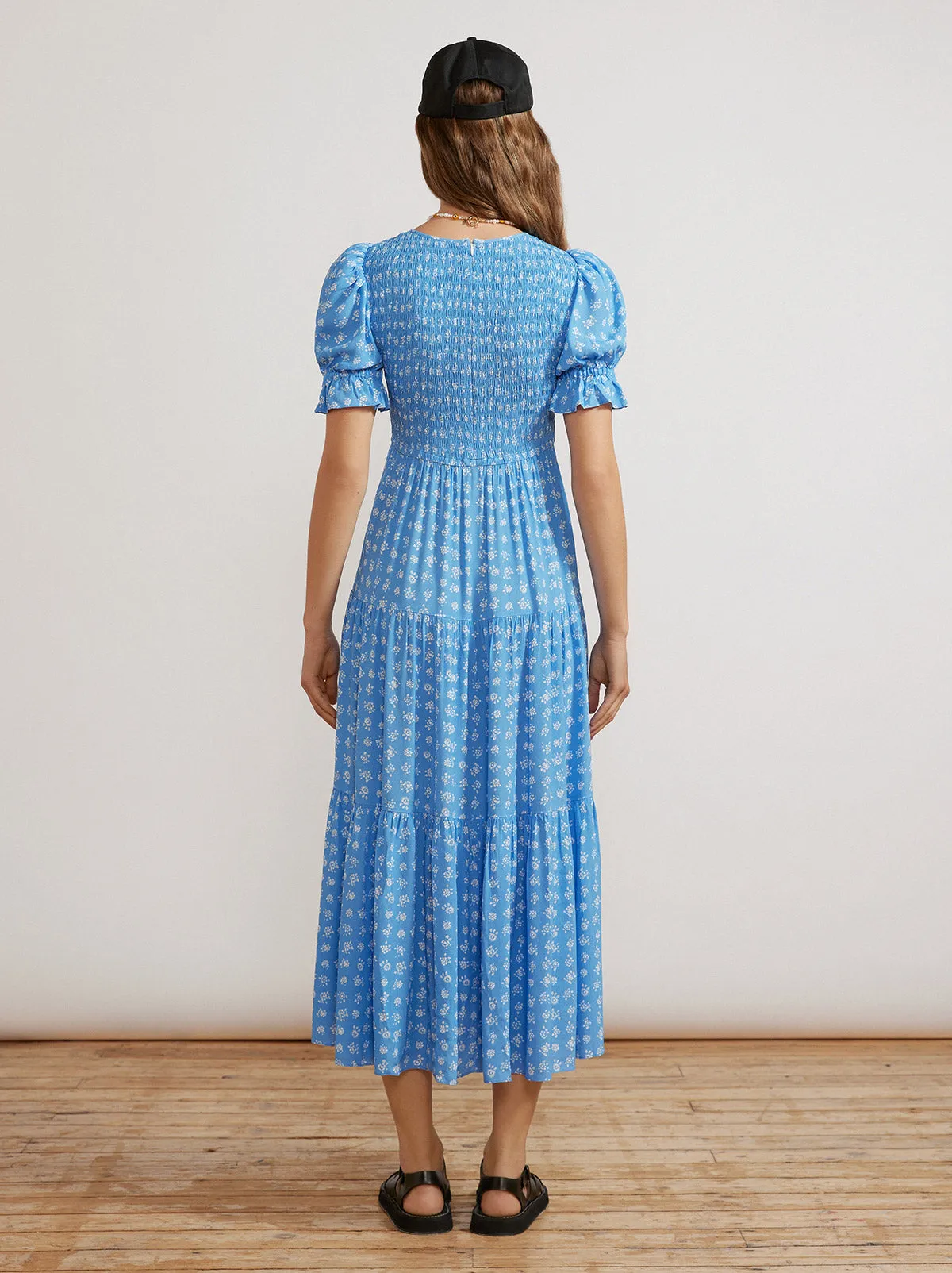 Persephone Shirred Blue Ditsy Floral Dress