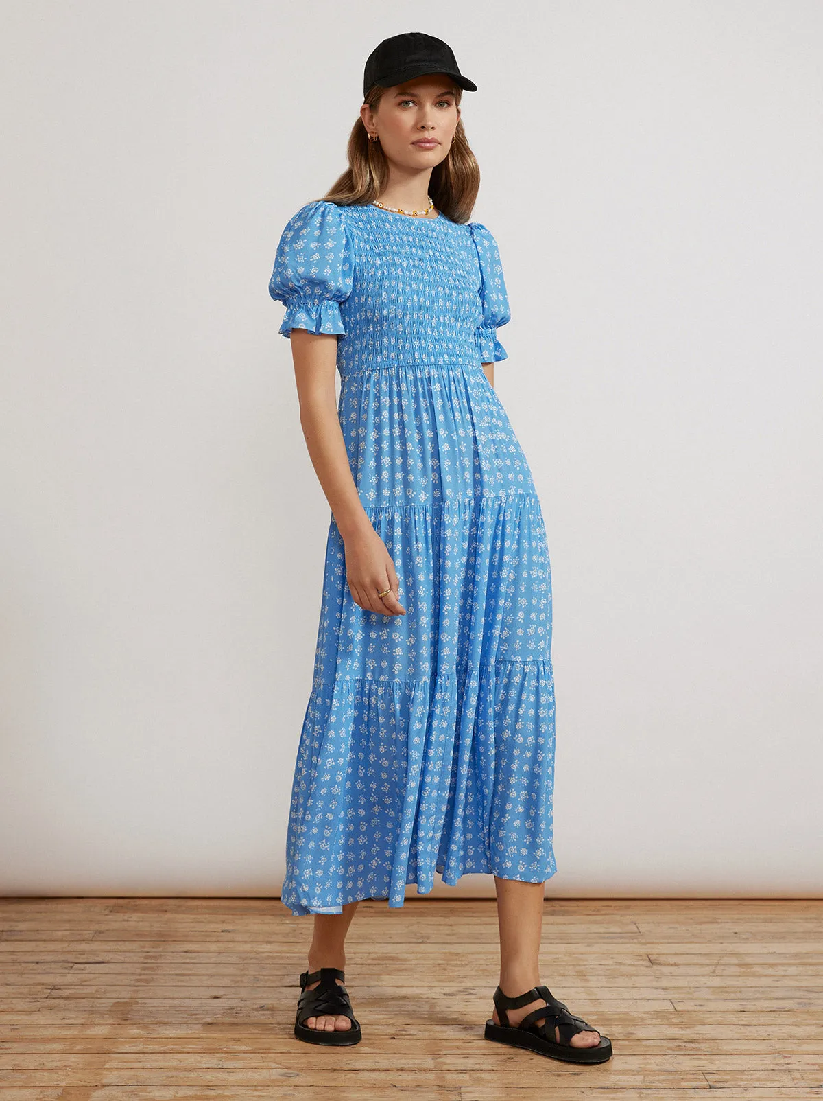 Persephone Shirred Blue Ditsy Floral Dress