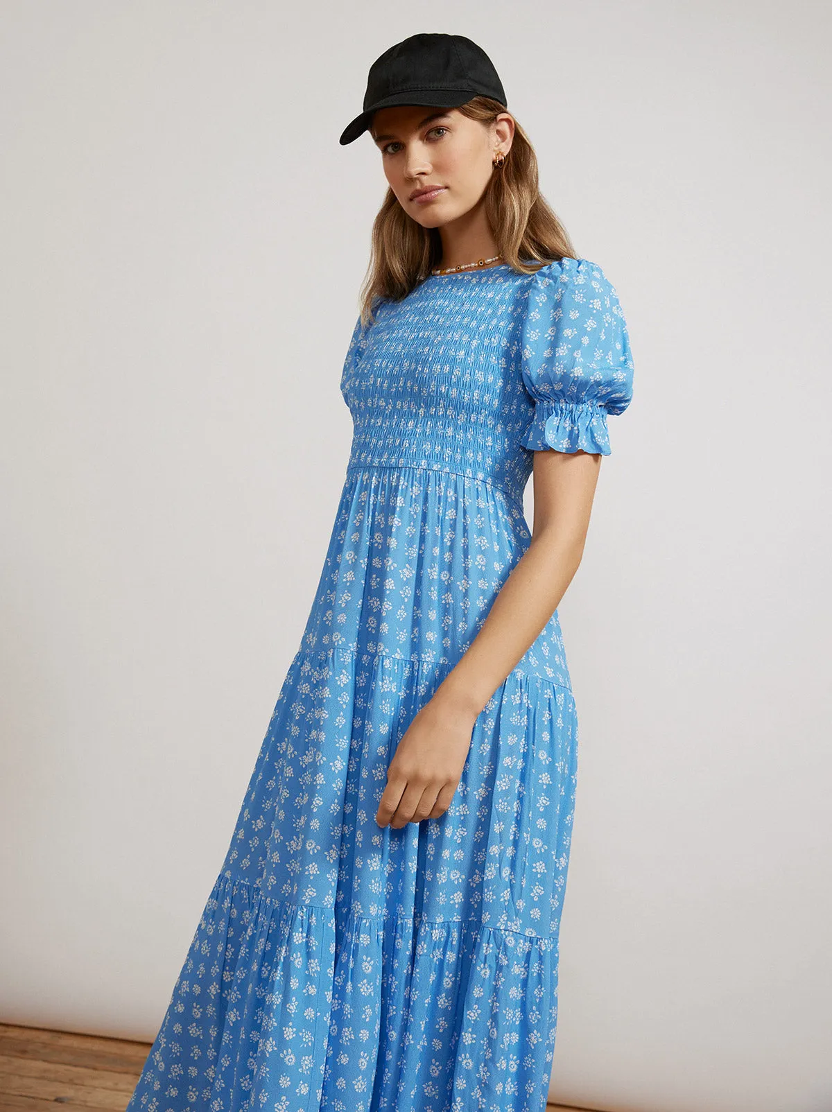 Persephone Shirred Blue Ditsy Floral Dress