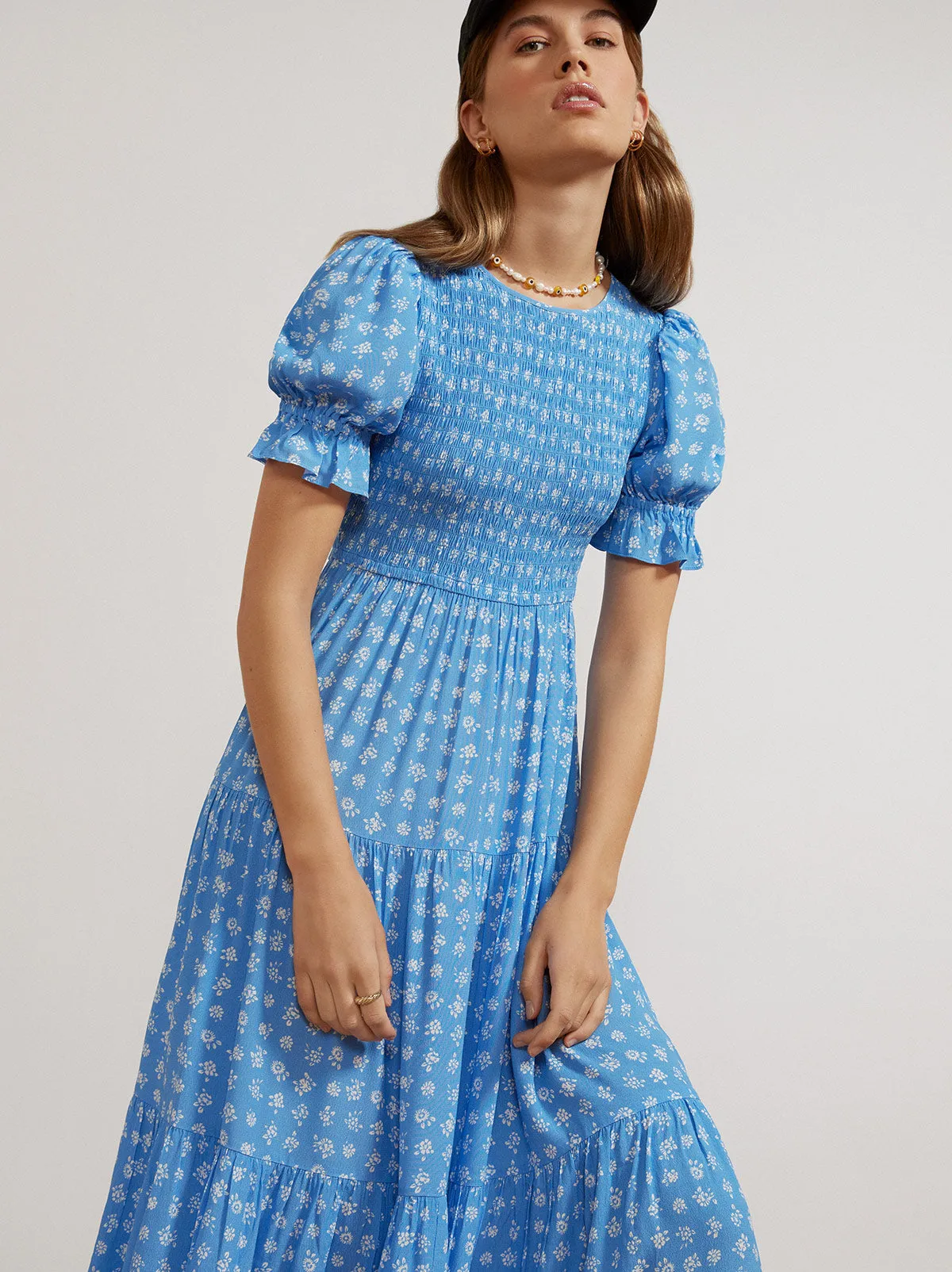 Persephone Shirred Blue Ditsy Floral Dress