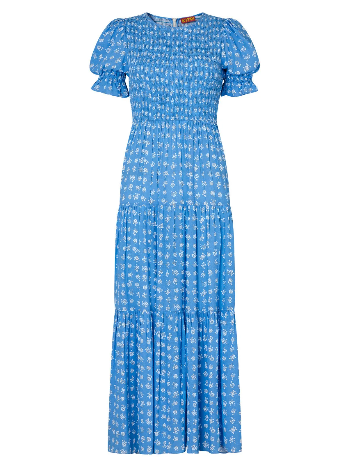 Persephone Shirred Blue Ditsy Floral Dress