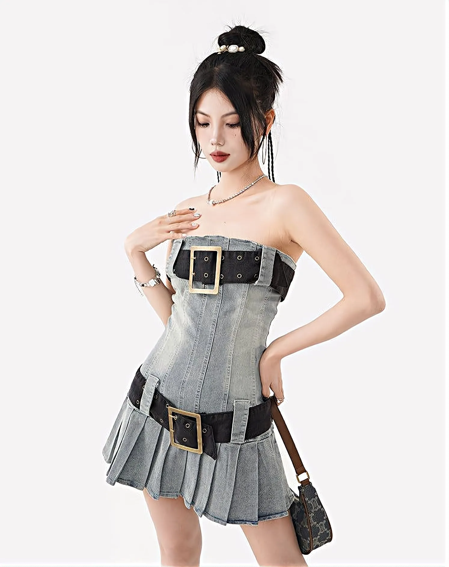 Sandblast Denim Kilt Mini Tube Dress
