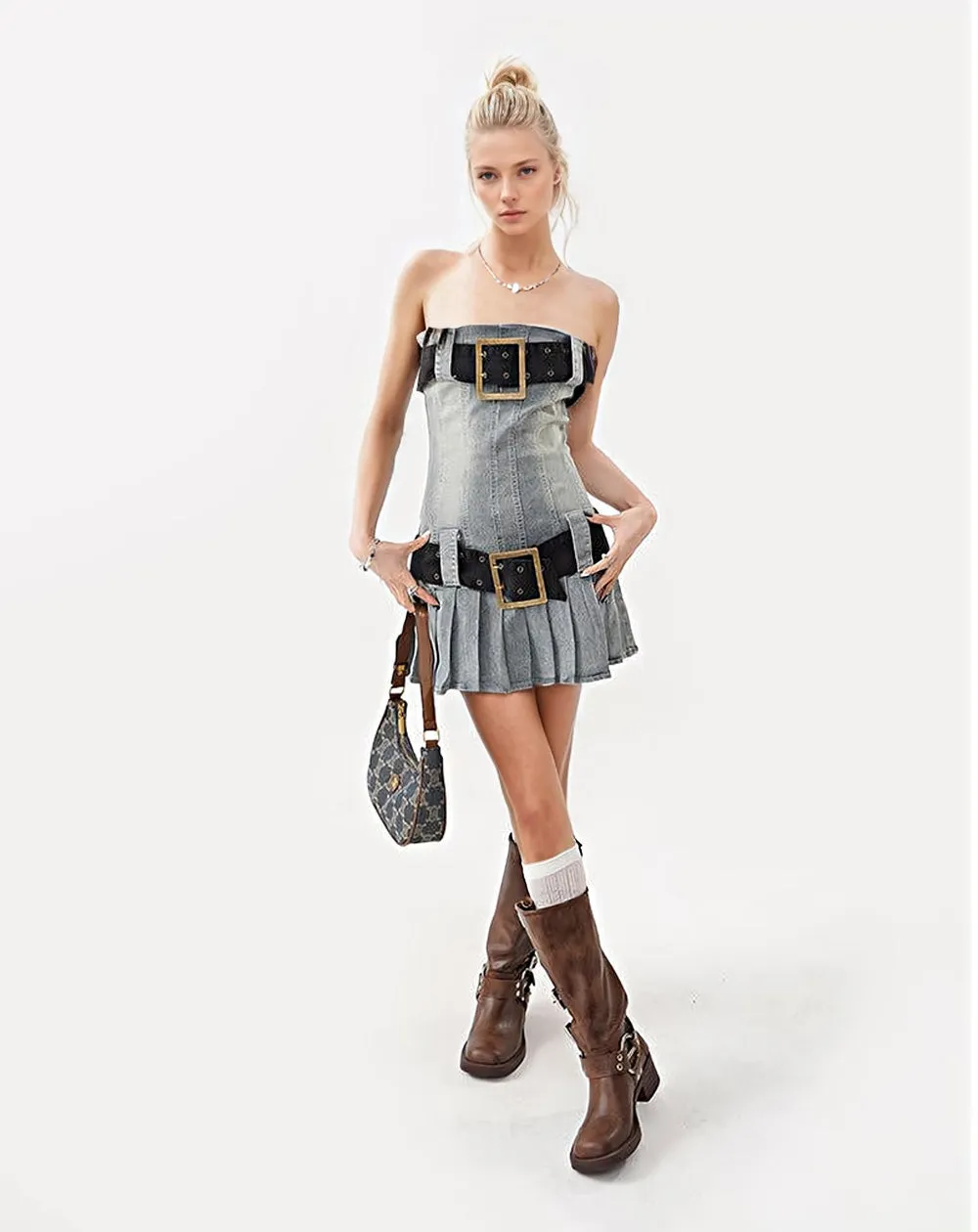 Sandblast Denim Kilt Mini Tube Dress