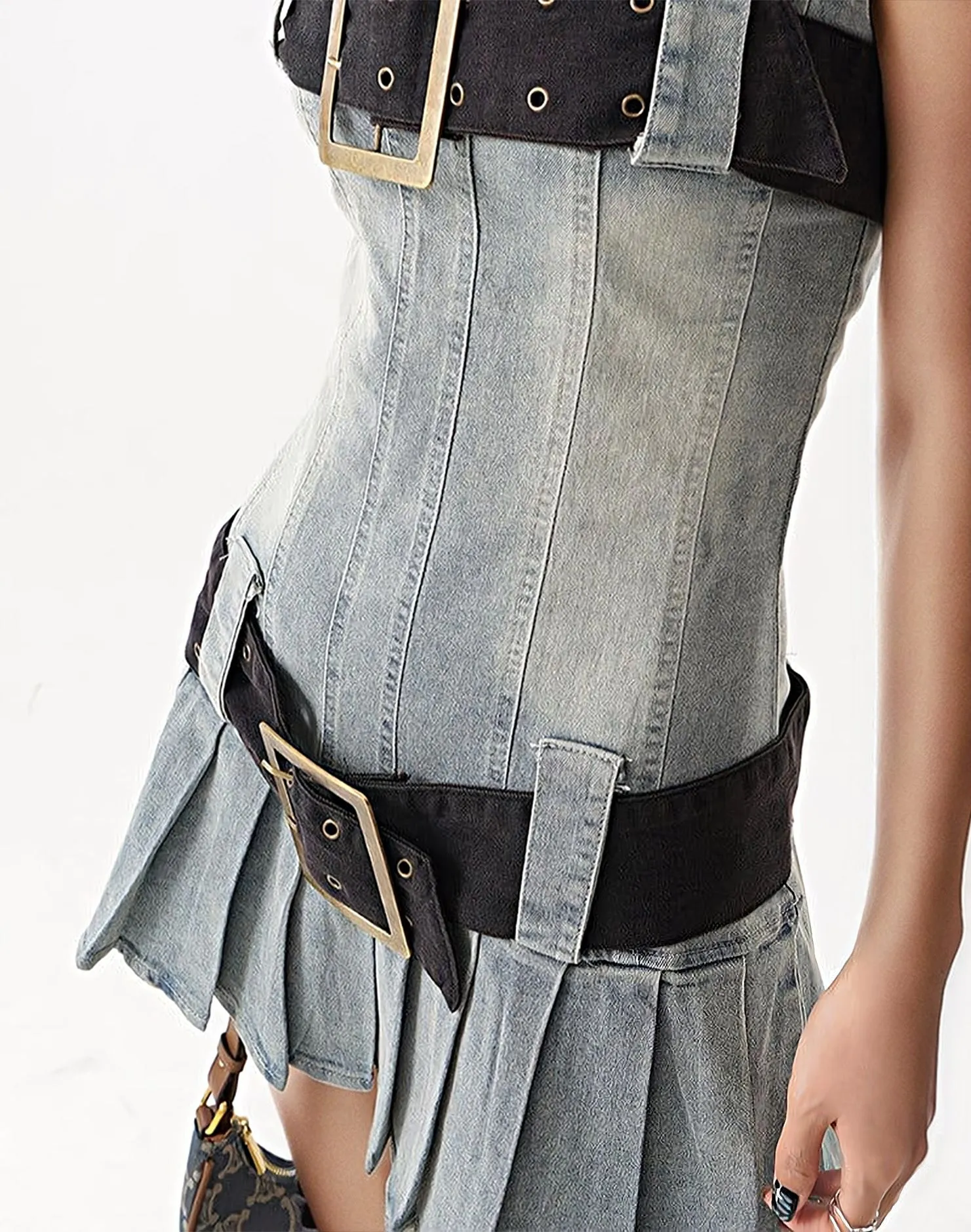 Sandblast Denim Kilt Mini Tube Dress