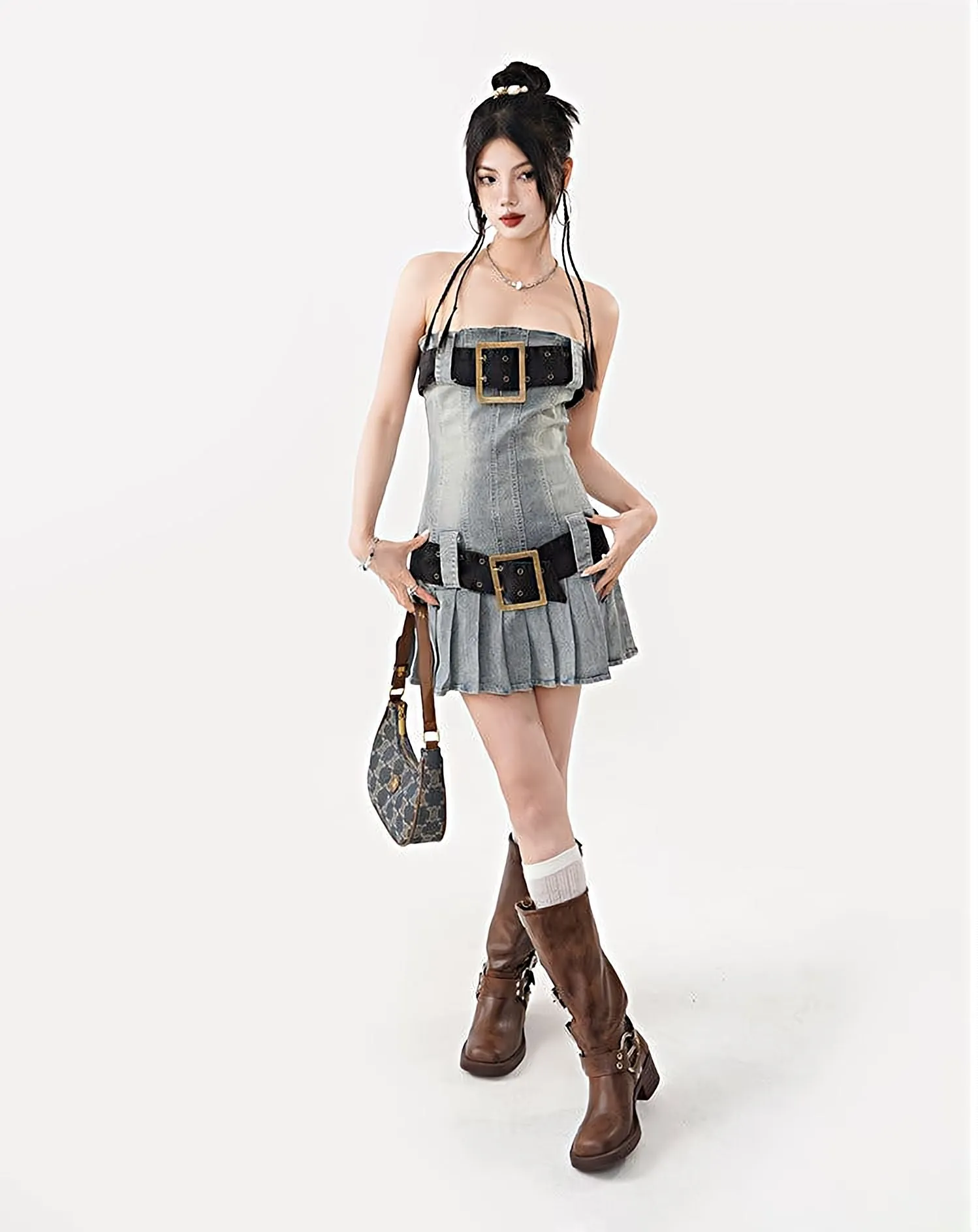Sandblast Denim Kilt Mini Tube Dress