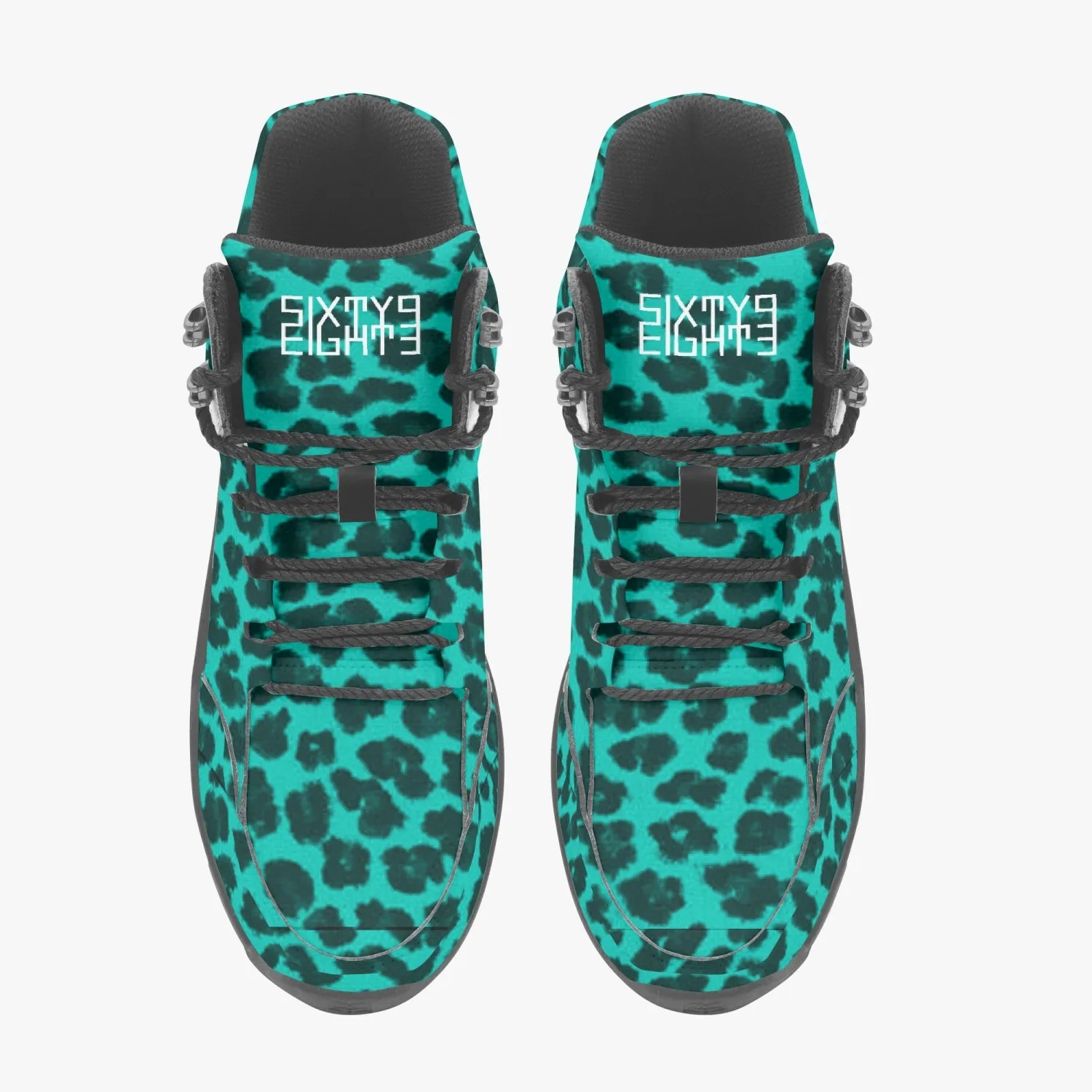 Sixty Eight 93 Logo White Cheetah Aqua Blue High Top Boots