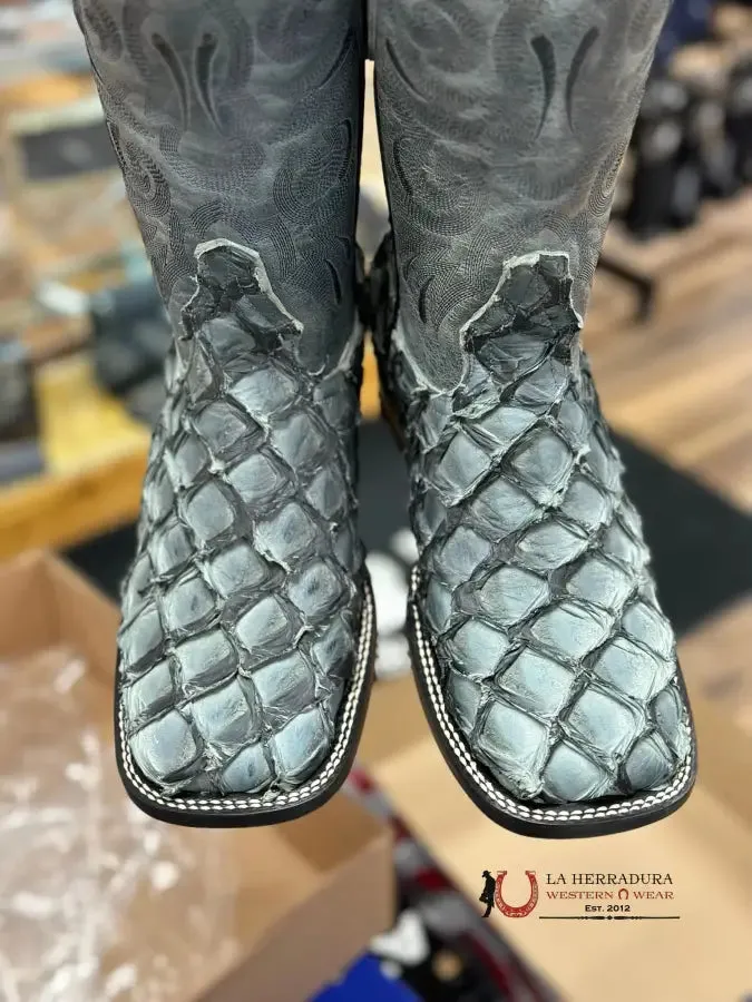 THE STAGE COACH BOOT CO. SQUARE TOE EXOTIC NOVA CHARCOAL FISH SKIN