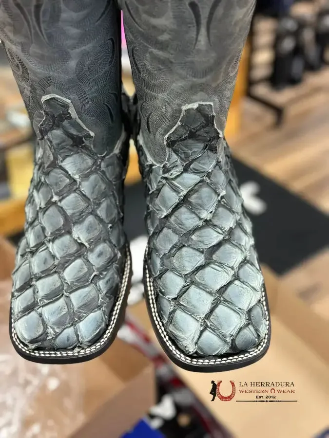 THE STAGE COACH BOOT CO. SQUARE TOE EXOTIC NOVA CHARCOAL FISH SKIN