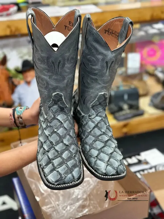 THE STAGE COACH BOOT CO. SQUARE TOE EXOTIC NOVA CHARCOAL FISH SKIN