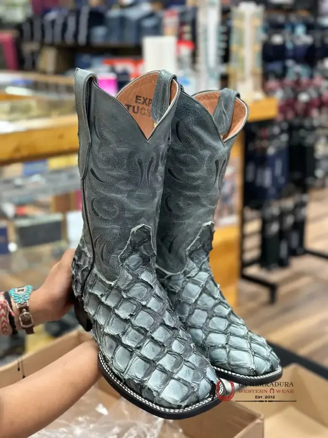 THE STAGE COACH BOOT CO. SQUARE TOE EXOTIC NOVA CHARCOAL FISH SKIN