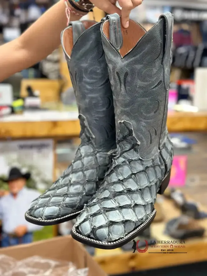 THE STAGE COACH BOOT CO. SQUARE TOE EXOTIC NOVA CHARCOAL FISH SKIN
