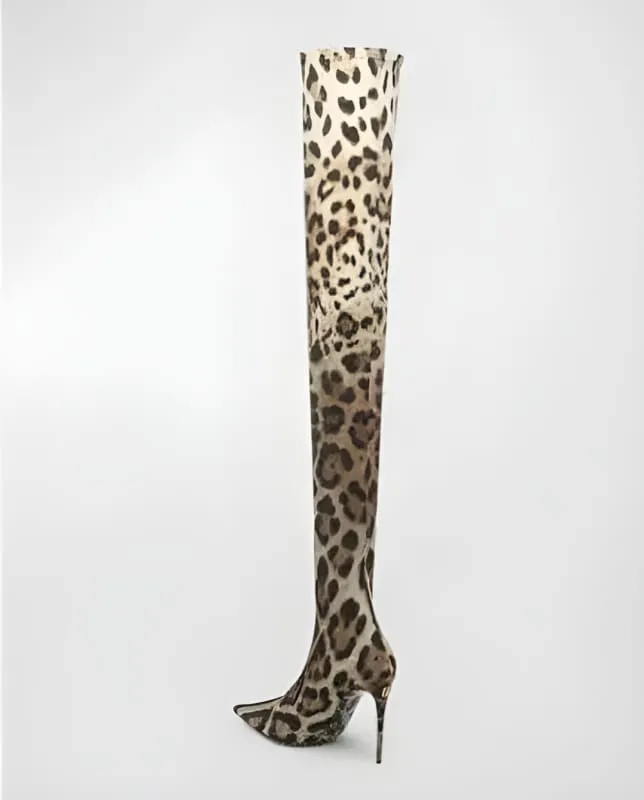 Womens Leopard Snakeskin Pointed Thigh-high Stiletto Boots