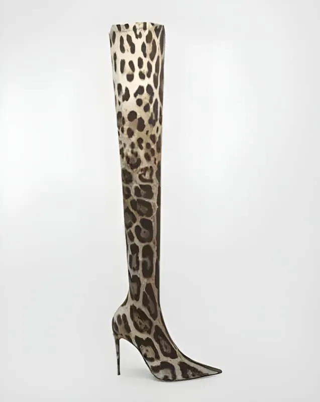 Womens Leopard Snakeskin Pointed Thigh-high Stiletto Boots