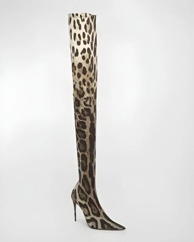 Womens Leopard Snakeskin Pointed Thigh-high Stiletto Boots